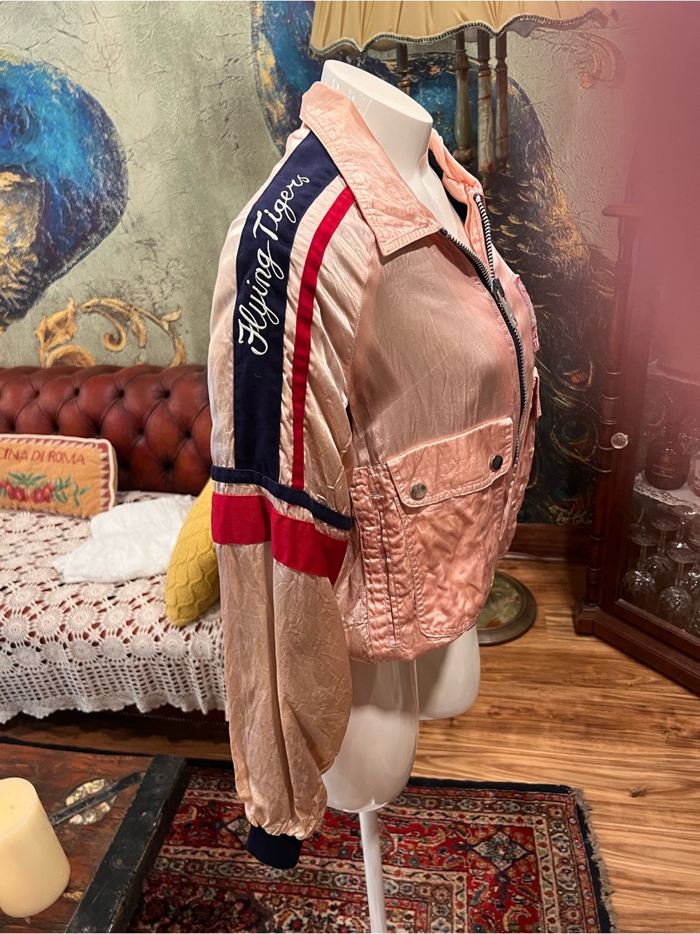 Women's Pink Satin Stripe-Trim “Flying Tigers” Bomber Jacket - Picture 7 of 13